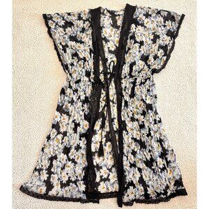 Zara Woman Kimono  Blue Midi Chiffon Lace Trim Tie Floral Tasseled